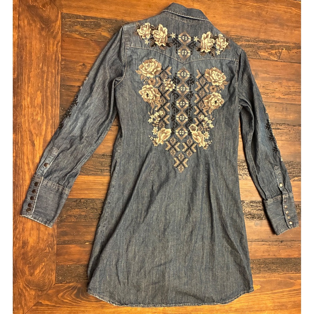 Stetson Denim Embroidered Mini Dress Long Sleeve Snap Up Western Yoke Women's M - Picture 7 of 7